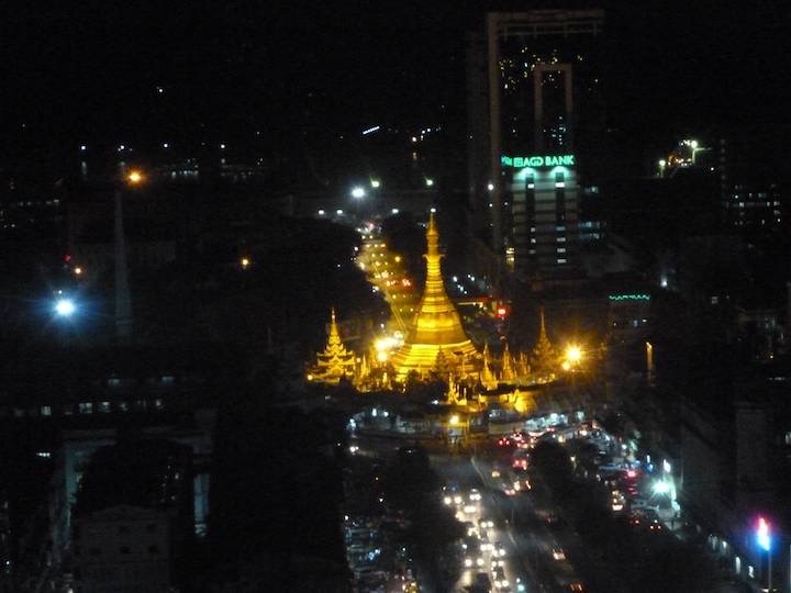 We waited at the Sakura Tower until after dark and view of the Shwedagon Paya. The most important Buddhist Stupa in Burma.